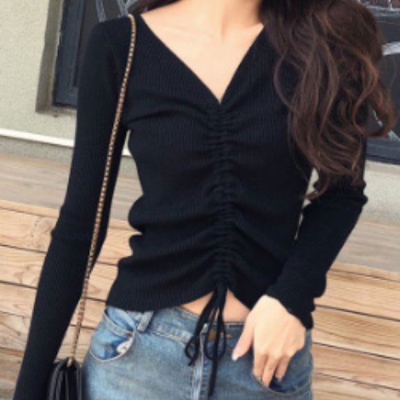 V-neck slim long sleeve knitting bottoming shirt